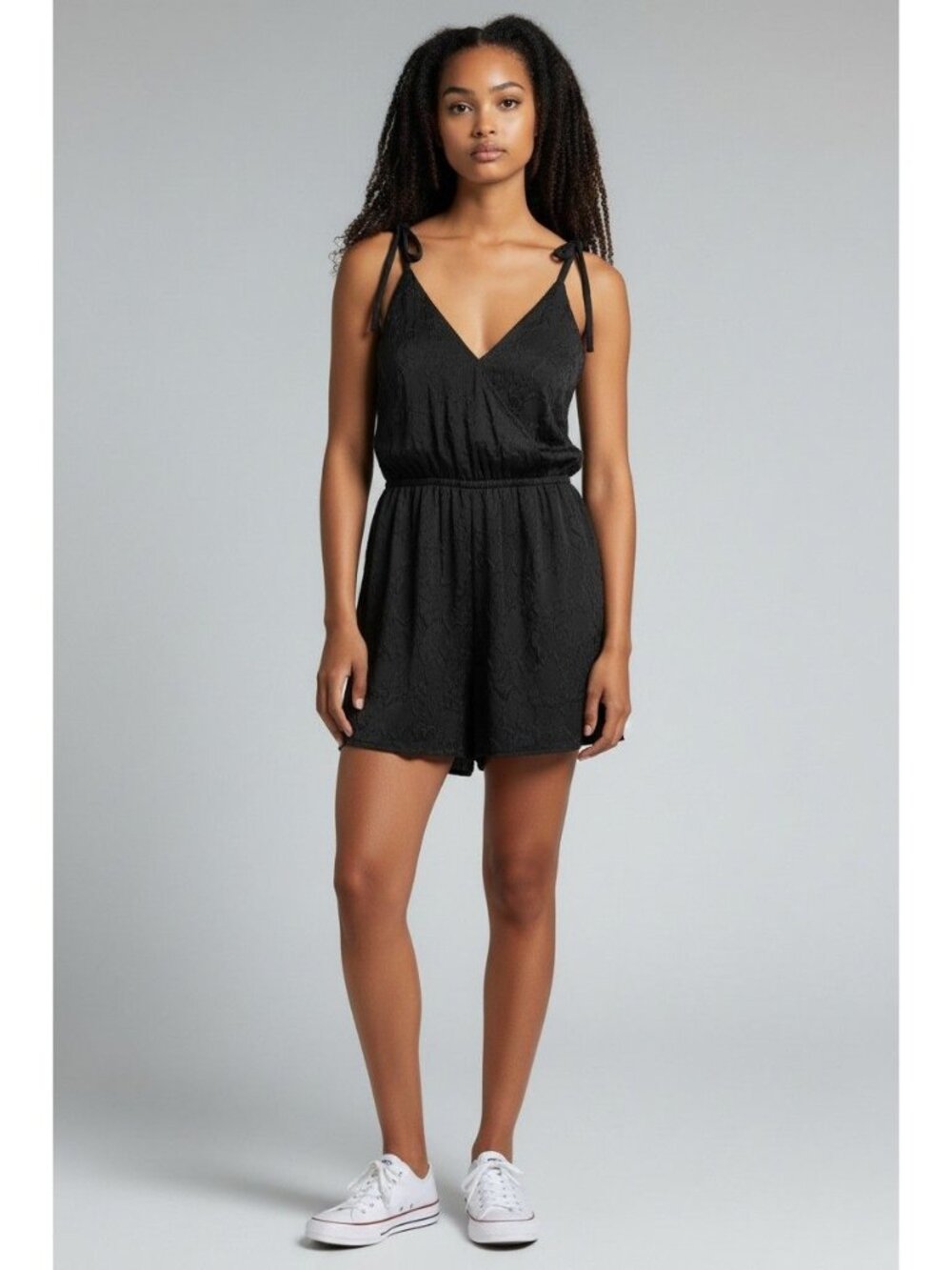 Open Edit Tie-Shoulder Textured Romper, Black, XL